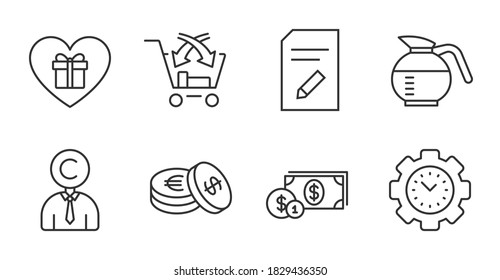 Cross sell, Coffeepot and Edit document line icons set. Dollar money, Time management and Romantic gift signs. Savings, Copyrighter symbols. Market retail, Brewed coffee, Page with pencil. Vector