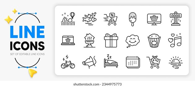 Los iconos de la línea de venta cruzada, bicicleta electrónica y palomitas de maíz que se han configurado para la aplicación incluyen Fish school, tienda web, icono delgado del contorno de sonrisa. Icono de pictograma de montaña rusa, Calendario, Suspender. Parrilla doméstica, correa de perro. Vector