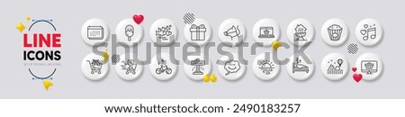 Cross sell, E-bike and Popcorn line icons. White buttons 3d icons. Pack of Fish school, Web shop, Smile icon. Sleep, Calendar, Roller coaster pictogram. Home grill, Dog leash, Online shopping. Vector