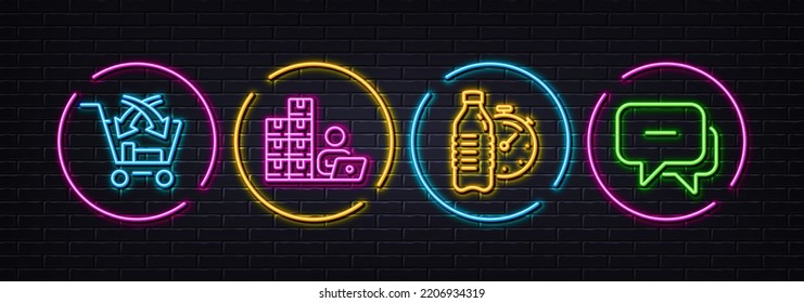 Cross sell, Inventory and Fitness water minimal line icons. Neon laser 3d lights. Message icons. For web, application, printing. Market retail, Goods operator, Drink bottle. Chat bubble. Vector