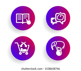Cross sell, Like and Read instruction icons simple set. Halftone dots button. Elephant on ball sign. Market retail, Star rating, Opened book. Circus show. Business set. Vector