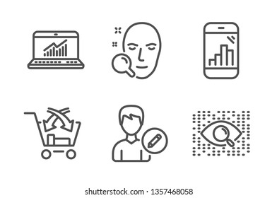 Cross sell, Online statistics and Edit person icons simple set. Face search, Graph phone and Artificial intelligence signs. Market retail, Computer data. Technology set. Line cross sell icon. Vector
