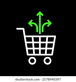 Cross sell, shopping cart and three arrows, cross selling concept vector icon in line style design for website, app, UI, isolated on black background. Editable stroke. EPS 10 vector illustration.