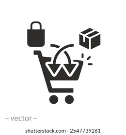 cross selling or purchase, online marketing and ecommerce icon, add to shopping cart, flat vector illustration
