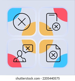 Icono de conjunto cruzado. Prohibido, error, teléfono, burbuja de voz, archivo, error de acceso, denegado, cancelar, cerrar, romper. Comprobar el concepto de marca. Estilo neomorfista. Icono de línea de vector para empresas