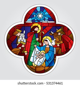 Cross shape with the Christmas and Adoration of the Magi scene in stained glass style. Vector illustration