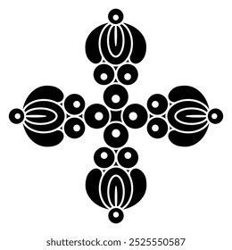 Cross shape decorative element with abstract floral motifs. Folk style. Black and white silhouette.