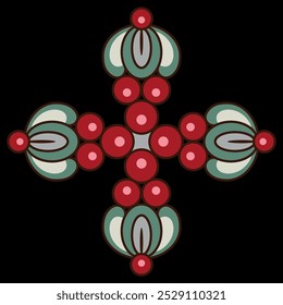 Kreuzförmiges Dekorelement mit abstrakten Blumenmotiven. Volksmusik. Auf schwarzem Hintergrund.