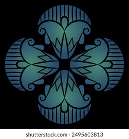 Cross shape decorative element with four stylized lotus flowers. Ancient Egyptian floral motif. Black and blue silhouette.