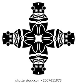 Cross shape ethnic design with four Pre Columbian egg shape figurines from ancient Peru. Chancay culture. Indigenous symbol. Black and white silhouette.