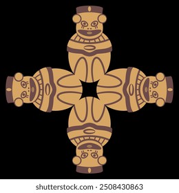 Cross shape ethnic design with four Pre Columbian egg shape figurines from ancient Peru. Chancay culture. Indigenous symbol.