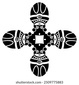 Cross shape ethnic design with four Pre Columbian egg shape figurines from ancient Peru. Chancay culture. Indigenous symbol. Black and white silhouette.