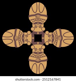 Cross shape ethnic design with four Pre Columbian egg shape figurines from ancient Peru. Chancay culture. Indigenous symbol.