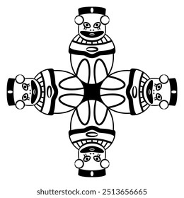 Cross shape ethnic design with four Pre Columbian egg shape figurines from ancient Peru. Chancay culture. Indigenous symbol. Black and white silhouette.