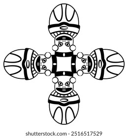 Cross shape ethnic design with four Pre Columbian egg shape figurines from ancient Peru. Chancay culture. Indigenous symbol. Black and white silhouette.