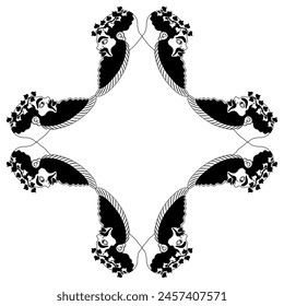 Cross shape ethnic frame with heads of bearded ancient Greek Satyrs wearing ivy wreaths. Vase painting style. Black and white silhouette.