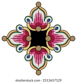 Cross shape floral design or frame in old Russian medieval folk style. Geometrical square mandala with four stylized flowers. Isolated vector illustration.