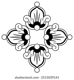 Cross shape floral design or frame in old Russian medieval folk style. Geometrical square mandala with four stylized flowers. Black and white silhouette.