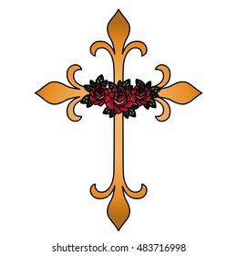 Cross shape with flowers design. Religion tattoo and symbol theme. Isolated image. Vector illustration