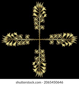 Cross shape with four blooming branches of lily flower. Square floral design or frame. Ancient Greek Cretan Minoan motif. Golden glossy silhouette on black background.