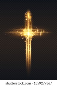 Forma cruzada. Partículas doradas brillantes.Efecto Bokeh. Quema con chispas. Fondo negro. Elemento digital. Ilustración vectorial.