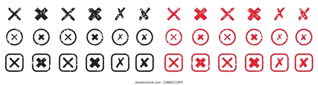 Juego de iconos de formas cruzadas. Marca negra y roja en pictograma de caja y círculo. Colección de símbolos X. Borrar, Cancelar, Rechazar, Prohibir el signo. Sello de goma incorrecto. Ilustración de vectores aislados.