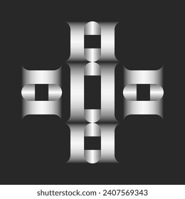 Cross shape logo from 3d stripe shapes, grey gradient emblem for business card, creative artistic design element.