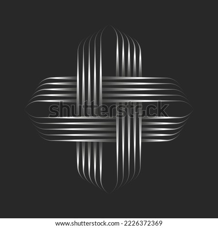 Cross shape logo line art style, metallic gradient creative form logotype smooth parallel intersection thin lines striped pattern.