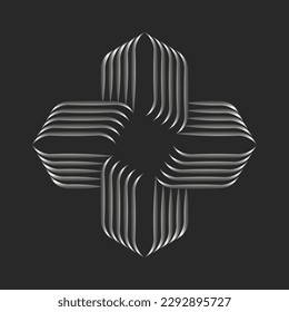 Cross shape logo pattern from silver thin parallel lines artwork on black background. Overlapping metallic stripes art ribbons plus form.