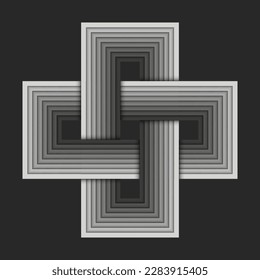 Cross shape logo or plus sign with rectangular corners from gradient gray interlaced parallel stripes with layered effect creative pattern symbol.