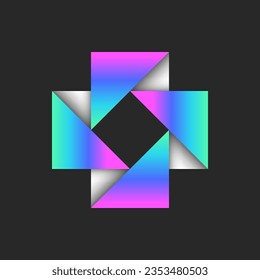 Cross shape logo with rectangle corners from fold a piece of paper white and bright gradient with shadows and 3d effect, plus sign creative design vibrant pattern.