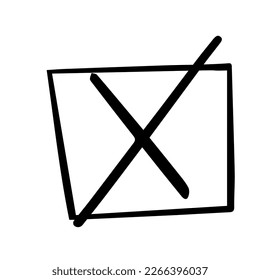 Cross shape negative cancel sign, ink checkmark in doodle style isolated on white background