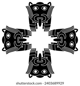 Cross shape ornament or frame with four fantastic animals. Andean ethnic motif from ancient Peru. Native American art of Nazca Indians. Black and white silhouette.