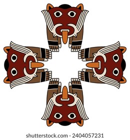 Cross shape ornament or frame with four fantastic animals. Andean ethnic motif from ancient Peru. Native American art of Nazca Indians. Isolated vector illustration.