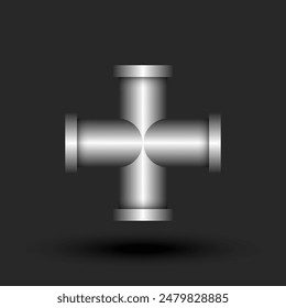 Kreuz-Form oder Pluszeichen 3D-Logo Metallic-Rohrform-Konstruktion mit Flanschen, silberfarbenes kreatives Identitätssymbol, Metall-Logo-Typ-Industriedesign.