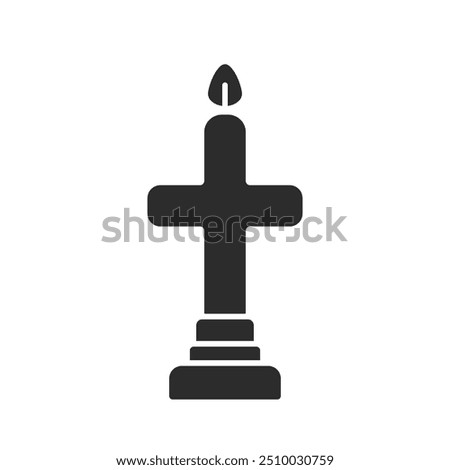 Cross shaped lit candle on a candlestick icon. Symbol of prayer, mourning, sorrow. Church equipment. Silhouette pictogram for web, mobile, logo. Vector illustration isolated on white background