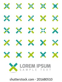Cross Shapes Vector Design Elements from squares dots and rectangles. Collection of 26 X-shaped symbols with two colors. Easily editable with global color swatches.