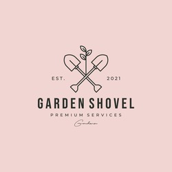 Cross Shovel Garden Logo Vector Vintage Line Art Illustration Design