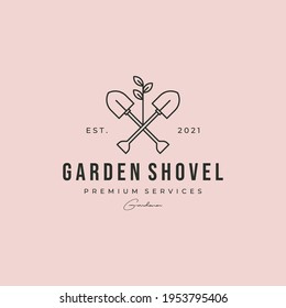 cross shovel garden logo vector vintage line art illustration design