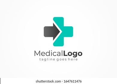 Cross Sign with Arrow Icon Medical Logo Health Symbol. Flat Vector Logo Design Template Element