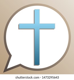 Cross sign. Bright cerulean icon in white speech balloon at pale taupe background. Illustration.