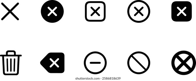 Cross sign in circle - can be used as symbols of wrong, close, deny etc. Trash can icon set, bin icons, Delete Vector illustration. 