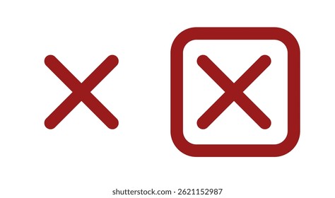 Sinal de cruz para recusa e aviso de erro, marca incorreta mostrando cancelamento, proibição, rejeição, escolha inválida, falha. Isolado no fundo branco.