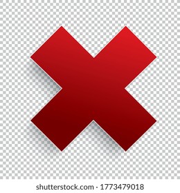 Cross sign element on checked transparent background. Mark graphic design. Button for vote, decision, web. Symbol of error, check, wrong and stop, failed. Vector illustration. Eps 10 vector file.