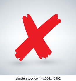 Cross sign element. Red grunge X icon, isolated on white background. Mark graphic design. Button for vote, decision, web. Symbol of error, check, wrong and stop, failed. Vector illustration.