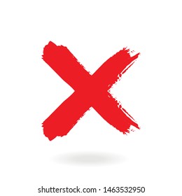 Cross sign element. Red grunge X icon, isolated on white background. Mark graphic design. Rejected sign in grunge style. Symbol of error, check, wrong and stop, failed.