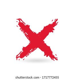 Cross sign element. Red grunge X icon, isolated on white background.