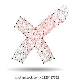 Cross sign element. Red low poly X icon, isolated on white background. Symbol No or X button for correct, vote, check, not approved, error, wrong  decision.Vector abstract polygonal image mash line an