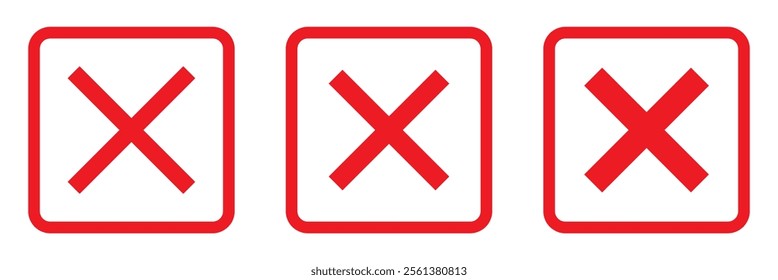 Cross sign element. Red X icon isolated on white background. Simple mark graphic design. Button for vote, decision, web. Symbol of error, check, wrong and stop, failed. Vector illustration