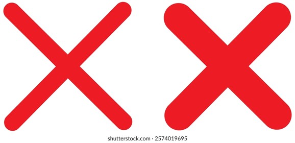 Cross sign element. Red X icon isolated on white background. Simple mark graphic design. Button for vote, decision, web. Symbol of error, check, wrong and stop, failed. Vector illustration